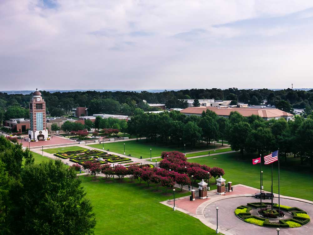 Aerial view of Ƶ with the Bell Tower and Campus Green