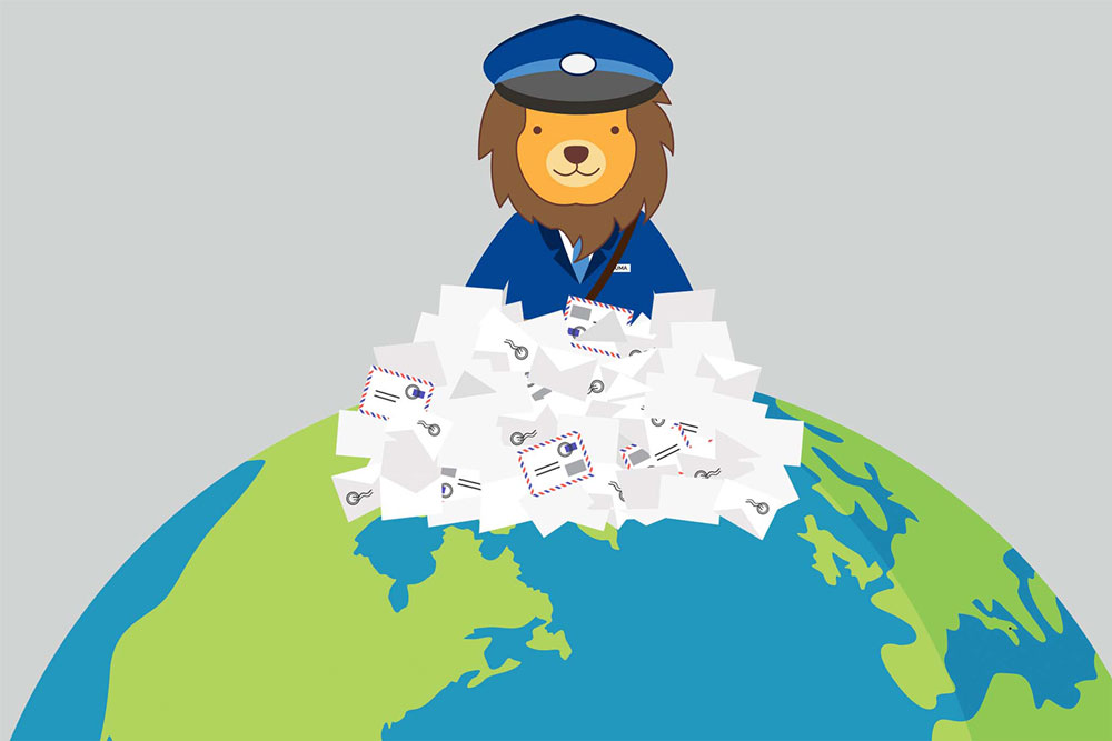 Ƶ mascot, Numa, dressed as a mail carrier standing atop a pile of letters and the earth